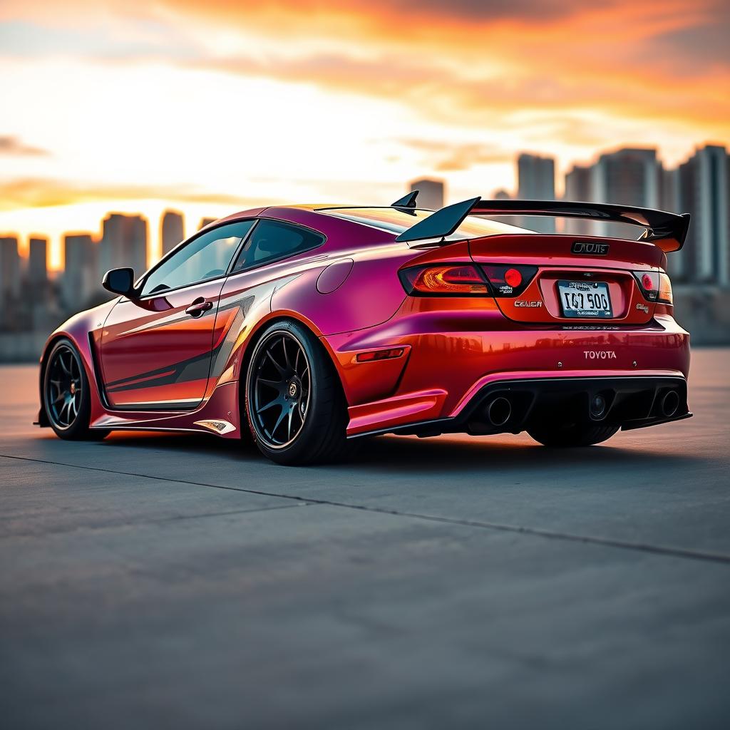 A highly customized and tuned Toyota Celica MK7 featuring a sleek aerodynamic body kit, aggressive stance with lowered suspension, vivid metallic paint with a glossy finish, and eye-catching racing stripes