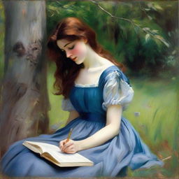 A loose style oil painting in the style of John Singer Sargent, featuring a young girl with dark red hair, wearing a blue dress. She is seen in full view, leaning against a tree, falling asleep while reading a book. The painting should have visible brush strokes.