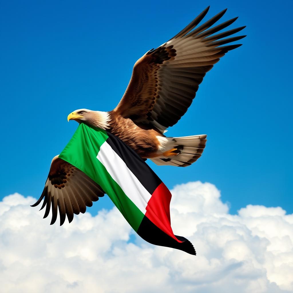 A majestic eagle soaring gracefully through a clear blue sky, clutching the Palestine flag in its talons