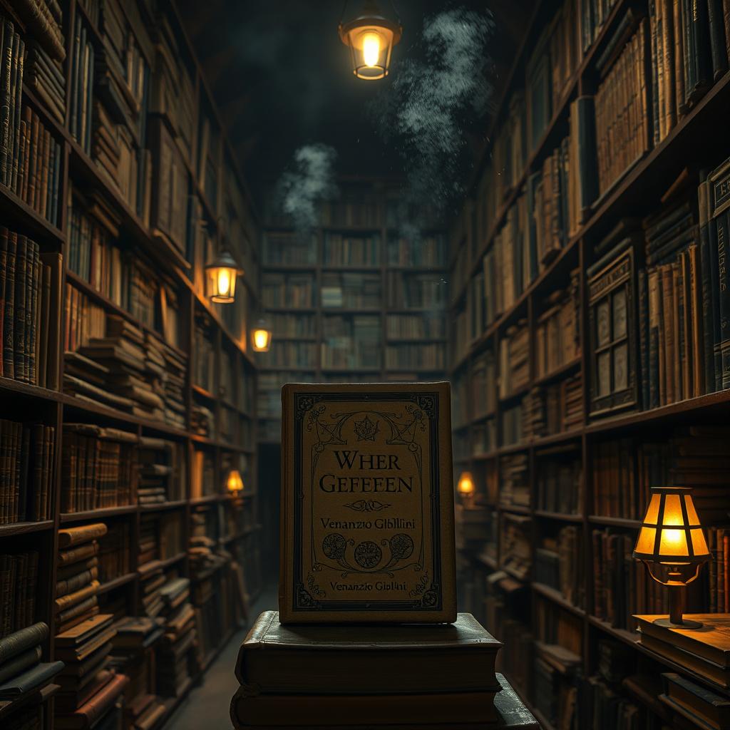 An old, dark bookshop filled with towering shelves of ancient books, rich wooden tones, and low, ambient lighting