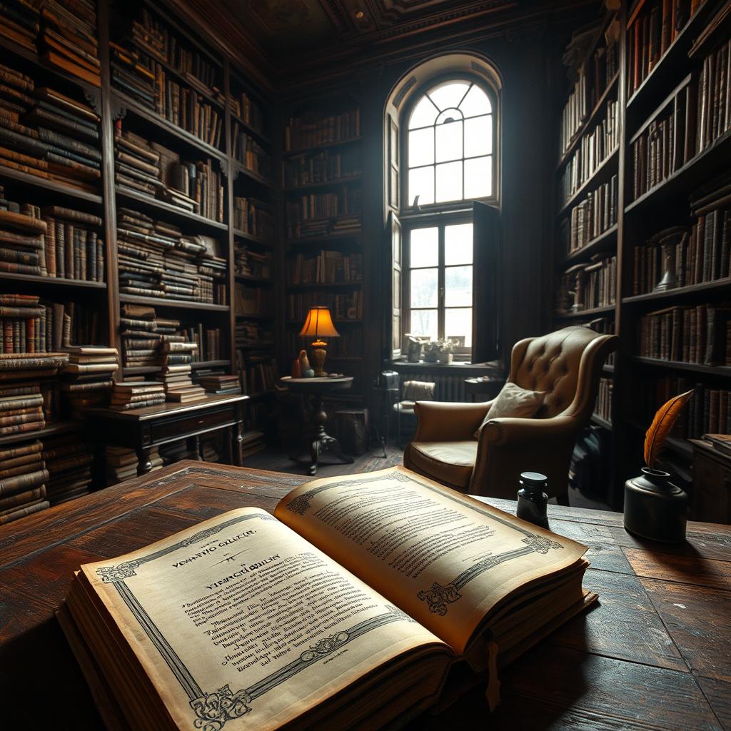A captivating scene featuring an old, dark bookshop filled with shelves of ancient books