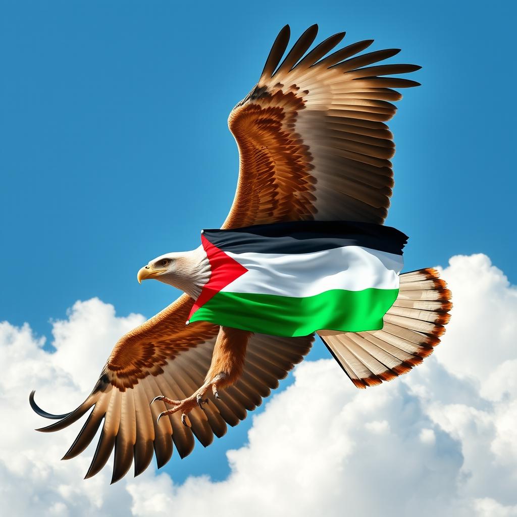 An impressive eagle soaring through a bright blue sky, its wings fully outstretched