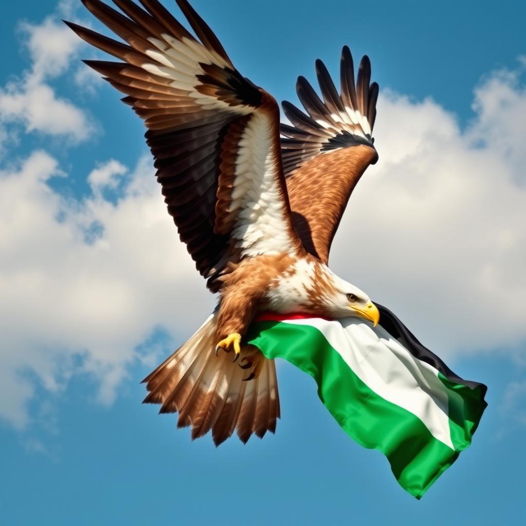 A powerful eagle soaring high in the sky, gripping the Palestine flag in its talons