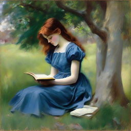 A loose style oil painting in the style of John Singer Sargent, featuring a young girl with dark red hair, wearing a blue dress. She is seen in full view, leaning against a tree, falling asleep while reading a book. The painting should have visible brush strokes.