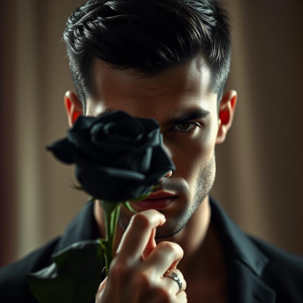 A handsome man with an alluringly mysterious vibe, his face slightly blurred to create an enigmatic atmosphere