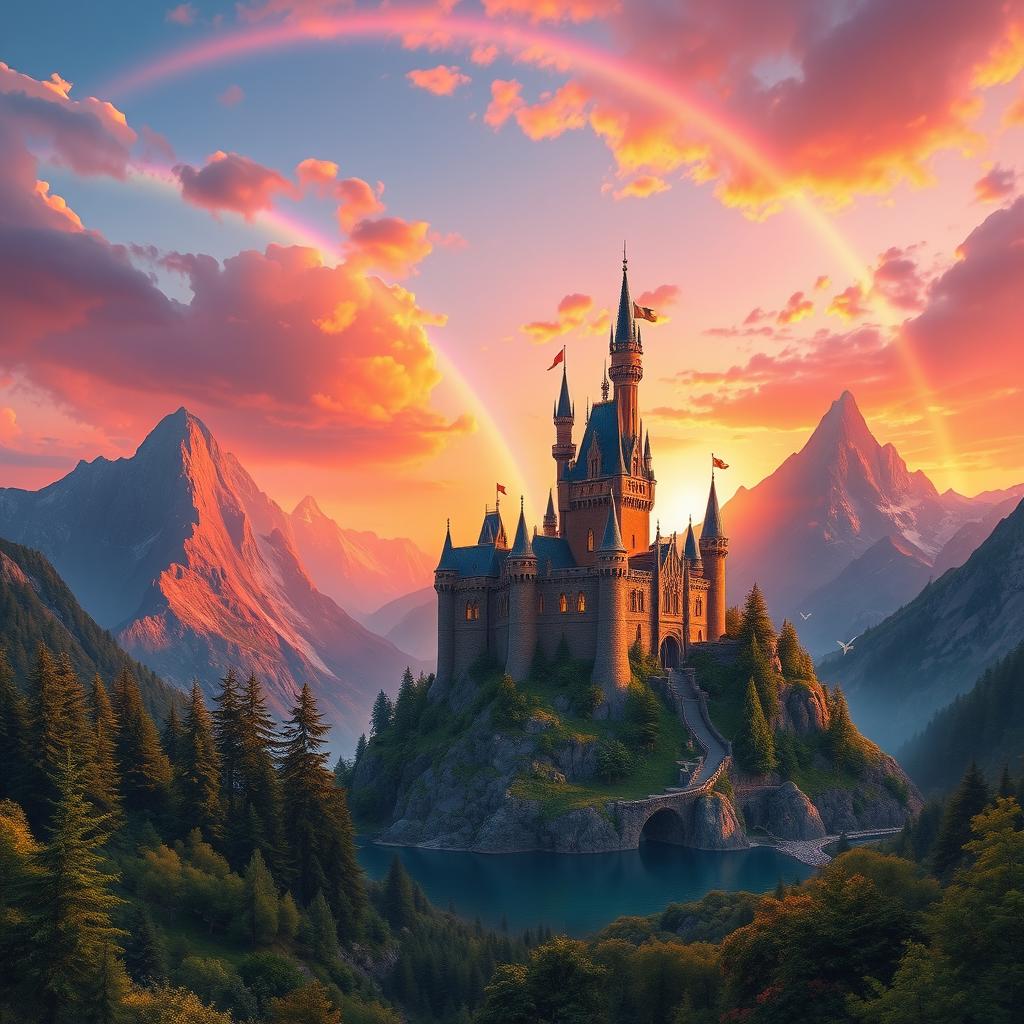 A fantasy landscape featuring a magical castle nestled among towering mountains, with lush green forests surrounding the base