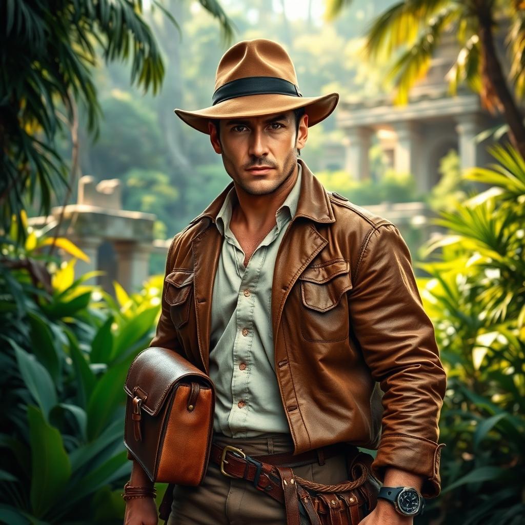 A rugged, adventurous character inspired by Indiana Jones, wearing a classic brown leather jacket, a khaki fedora, and a beige shirt