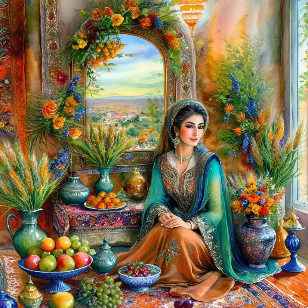 Mystical and spiritual watercolor painting of a beautiful Iranian woman sitting indoors, next to a table with fruit and grape dishes, traditional vases and colorful flowers, Eid greenery, traditional mirror, beautiful candles, small sweets in beautiful dishes, Iranian Nowruz table, Iranian silk carpet, green wheat ears in a traditional jar