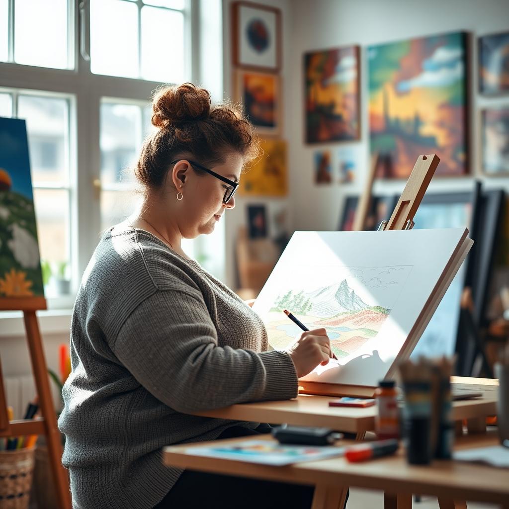 A chubby woman sitting at a drawing table, focused on her artwork