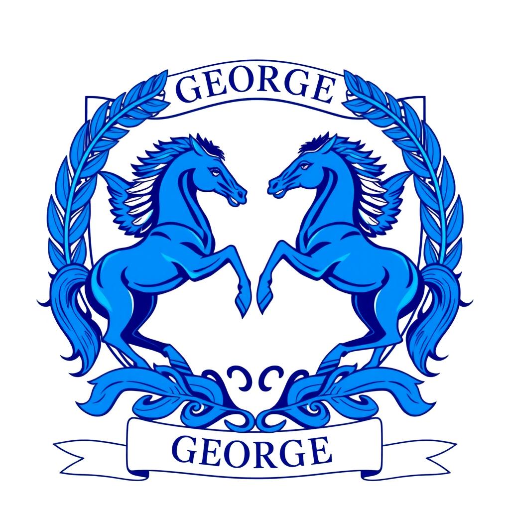 A beautifully designed family crest for a brave and beautiful man named George from Greece, featuring elegant horses symbolizing strength and nobility