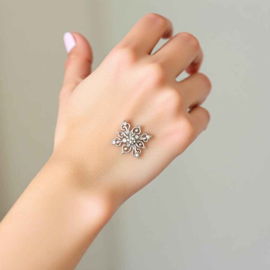 A close-up of a delicate, feminine hand on the left side, adorned with an elegant wristband