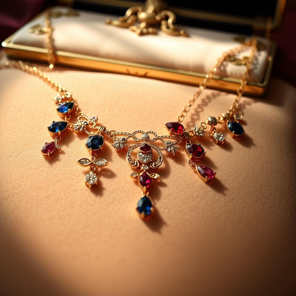 An elegant and intricate necklace draped across a soft velvet surface, showcasing delicate gemstones in various colors like deep blue sapphires, vibrant red rubies, and shimmering diamonds, each beautifully cut to reflect light