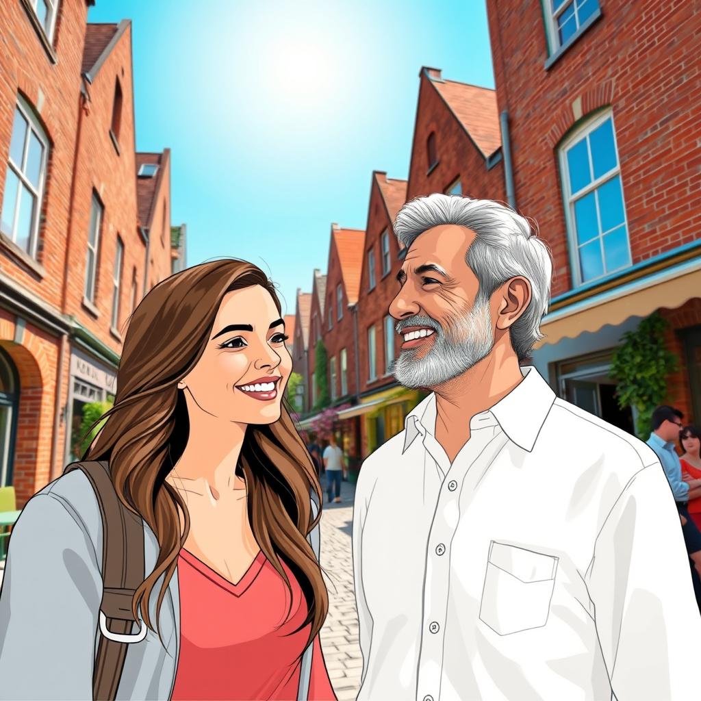 A 40-year-old man meets a beautiful young woman in a picturesque city known for its brick houses