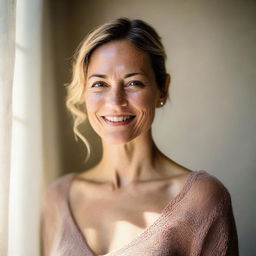 A portrait of a confident woman bathed in warm, natural light.