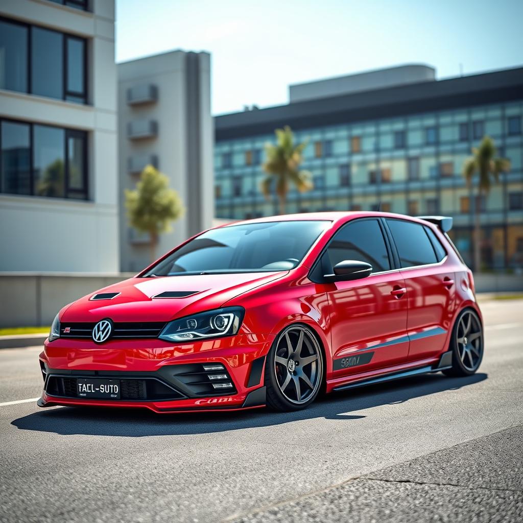 A modified Volkswagen Polo featuring an aggressive body kit, sporty side skirts, and an aerodynamic front bumper