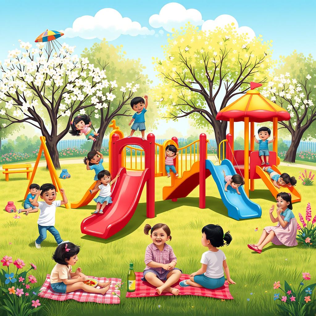 A vibrant children's park scene, filled with joy and laughter, featuring colorful playground equipment such as swings, slides, and a merry-go-round