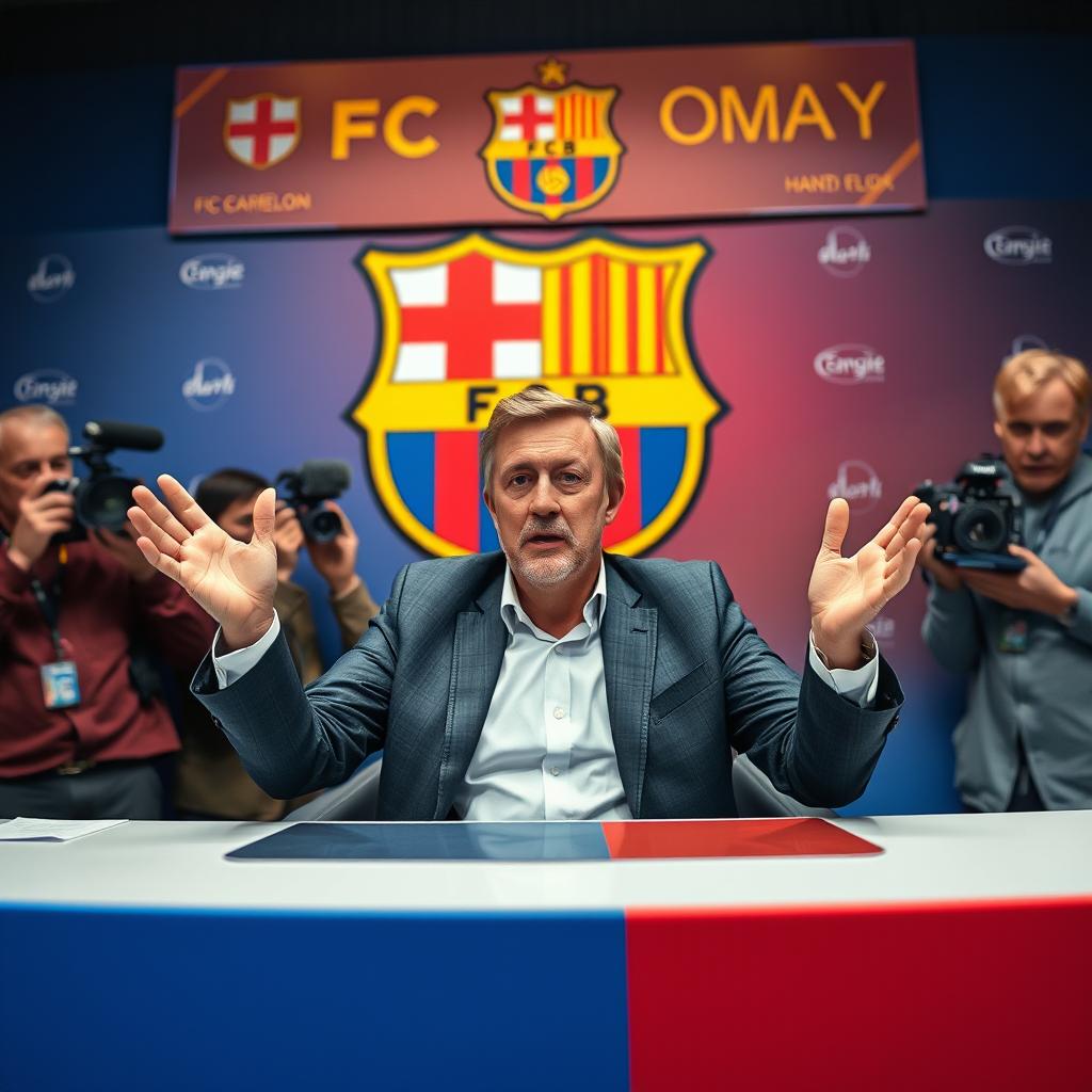 A captivating scene depicting Hansi Flick, the renowned football manager, as he discusses his future with FC Barcelona in a press conference setting