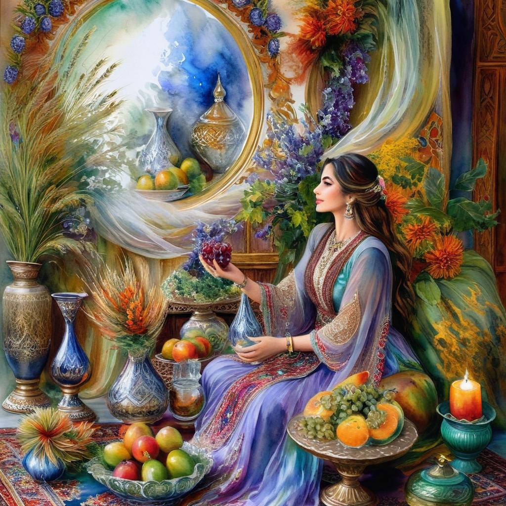 Mystical and spiritual watercolor painting of a beautiful Iranian woman sitting indoors, next to a table with fruit and grape dishes, traditional vases and colorful flowers, Eid greenery, traditional mirror, beautiful candles, small sweets in beautiful dishes, Iranian Nowruz table, Iranian silk carpet, green wheat ears in a traditional jar