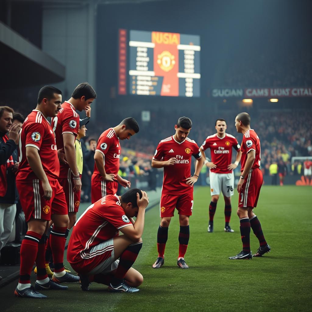 A dramatic scene capturing the moment of Manchester United's halt in performance during a crucial match