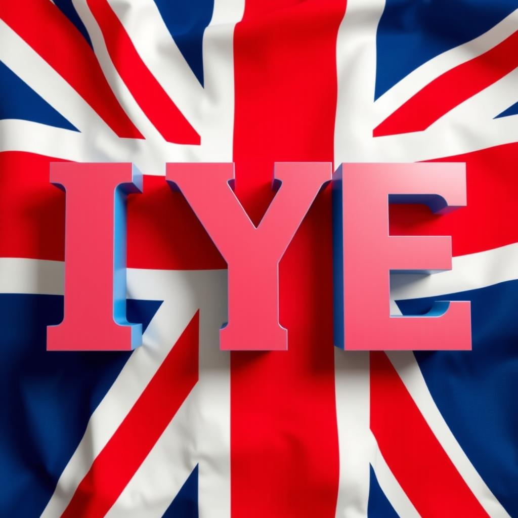Three large letters spelling 'IYE' prominently displayed against the backdrop of the Union Jack, the flag of the United Kingdom
