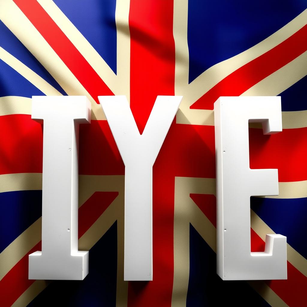 Three large white or gray letters 'IYE' prominently displayed against a backdrop of the Union Jack, the national flag of the United Kingdom, with vibrant colors and a striking design to emphasize the letters and flag combination