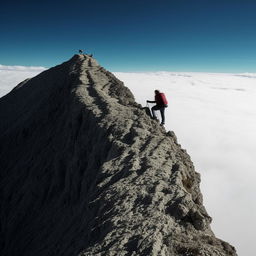 A person steadily climbing a steep mountain, each small step bringing them closer to the peak representing their goal