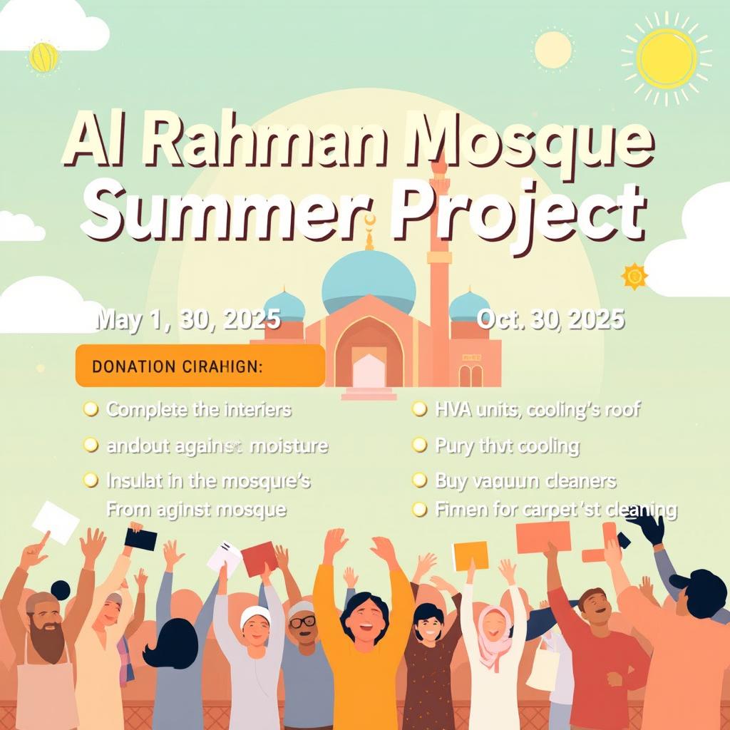 Launch a donation campaign for Al-Rahman Mosque's summer project, starting from May 1, 2025, to October 30, 2025