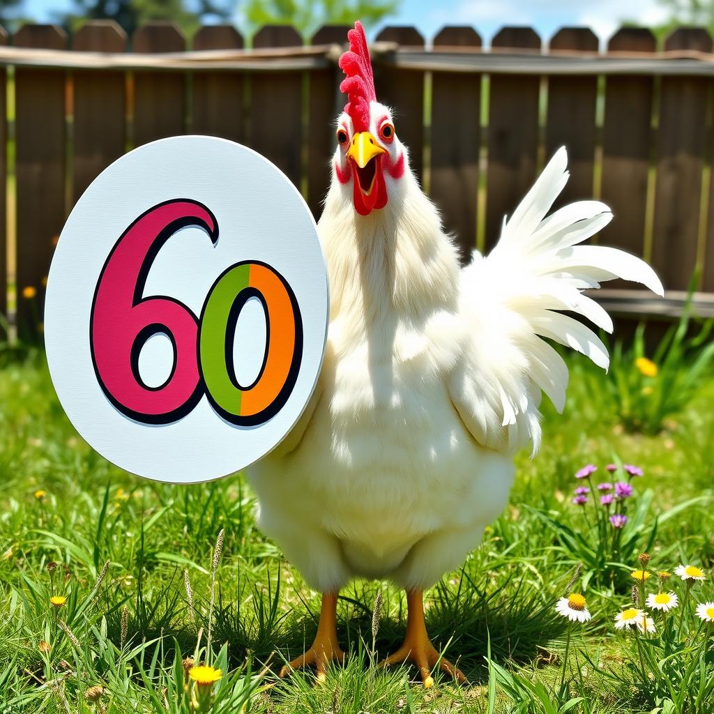 A whimsical chicken standing upright while proudly holding a large, bold '60' sign with colorful letters