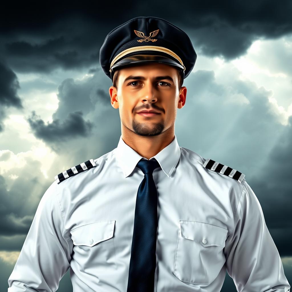 A handsome and rugged airline pilot standing confidently against a dramatic stormy sky backdrop