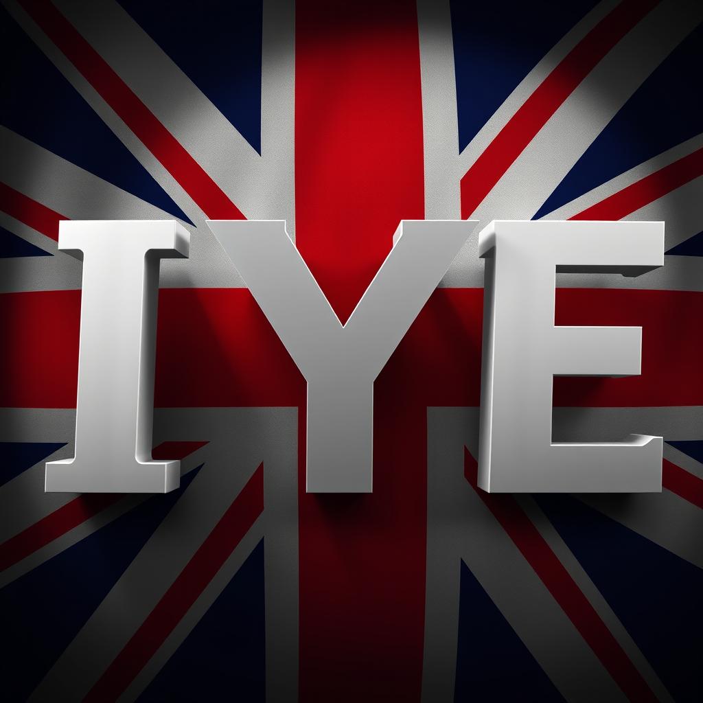 Three large letters 'IYE' in Archivo Black font, prominently displayed against a backdrop of the Union Jack flag of the United Kingdom