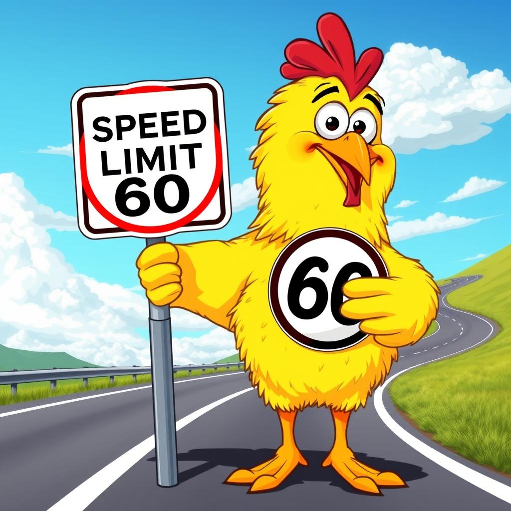A cartoon-style funny chicken holding a speed limit 60 sign