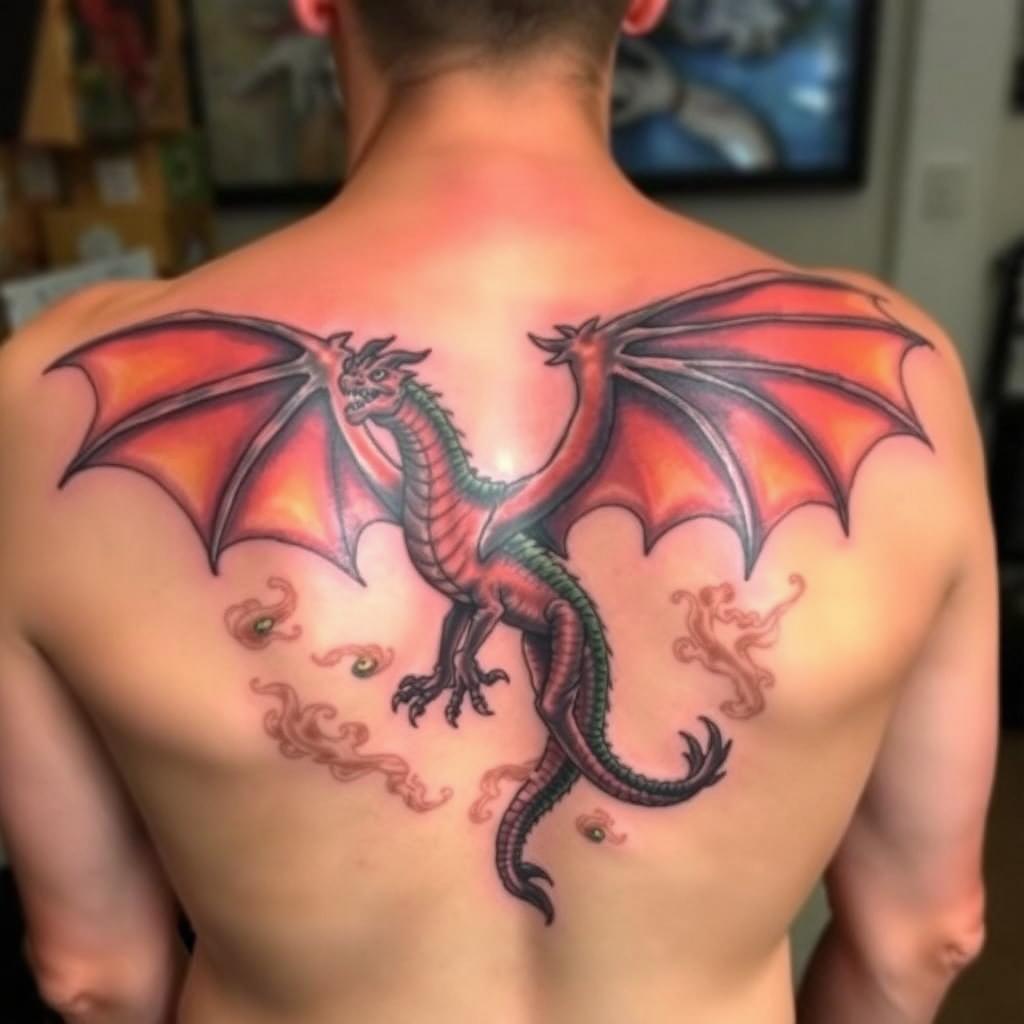 A stunning tattoo design of Syrax, the iconic dragon from Game of Thrones, displayed beautifully on a person's back