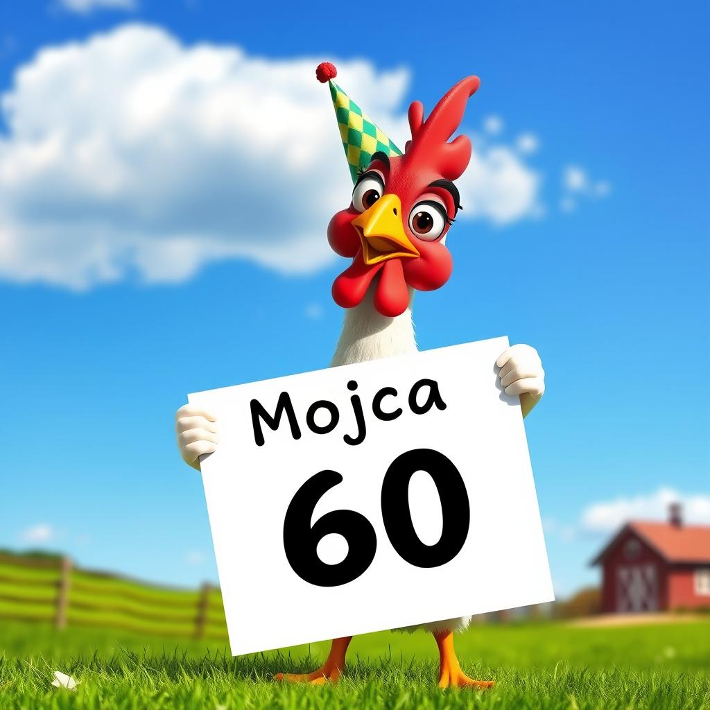A comical chicken standing upright, proudly holding a sign that reads 'Mojca 60'