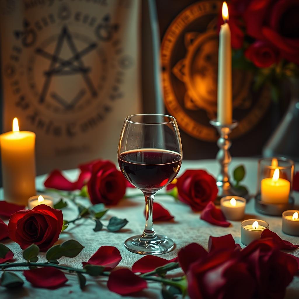 A romantic scene featuring a beautifully arranged table with a glass of red wine, adorned with red roses scattered around