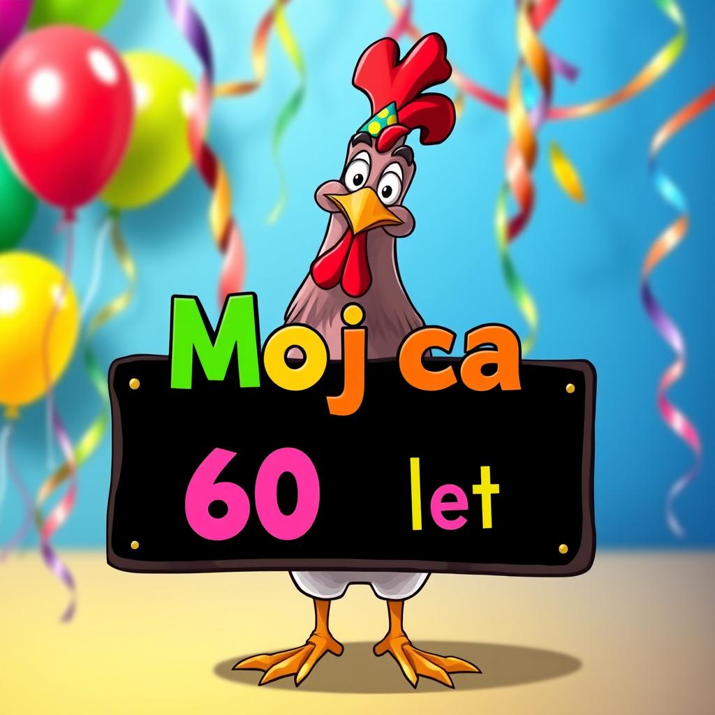 A whimsical hen standing proudly while holding a sign that reads "Mojca 60 let" in vibrant, colorful letters