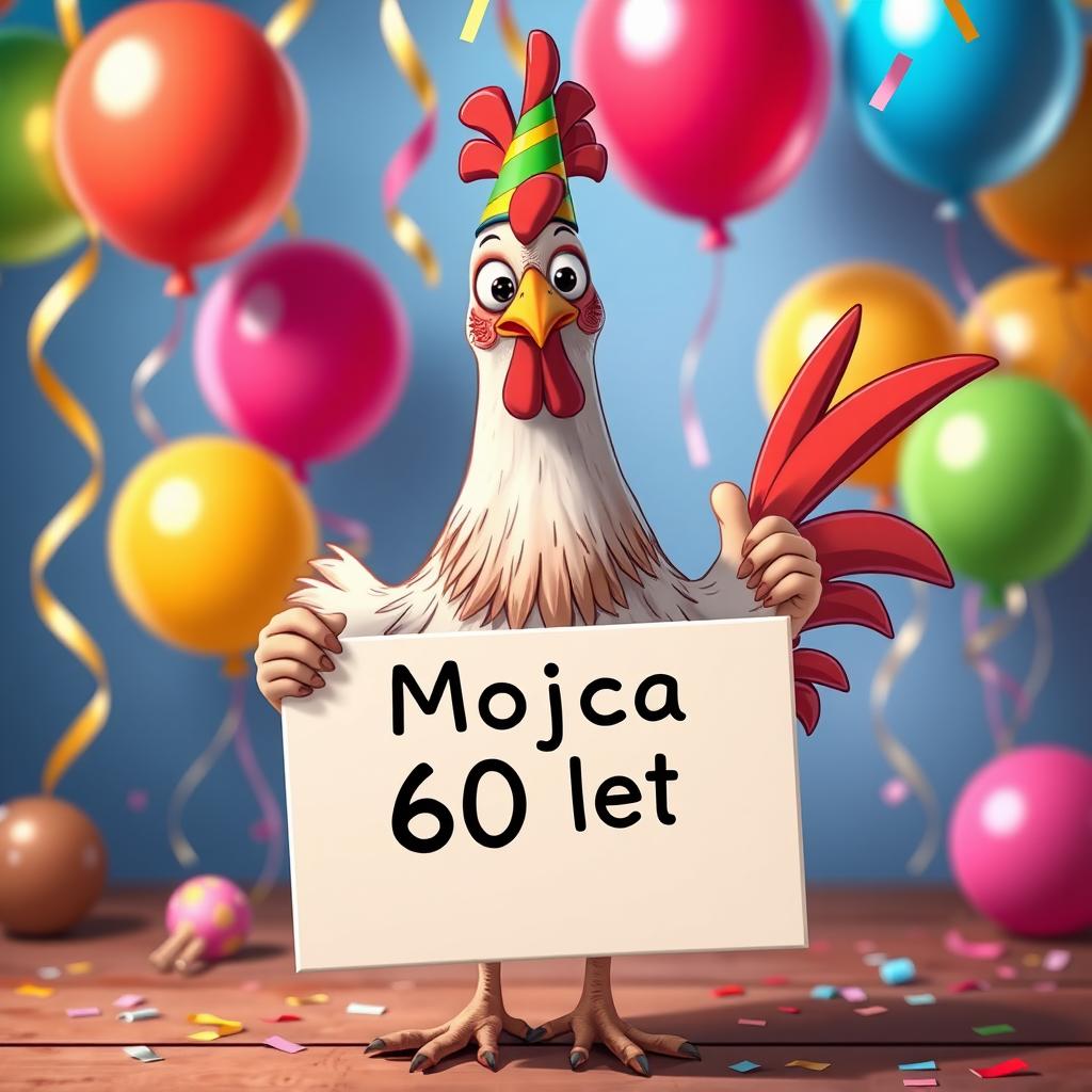 A humorous scene featuring a vibrant hen standing proudly while holding a sign that reads "Mojca 60 let" celebrating a birthday