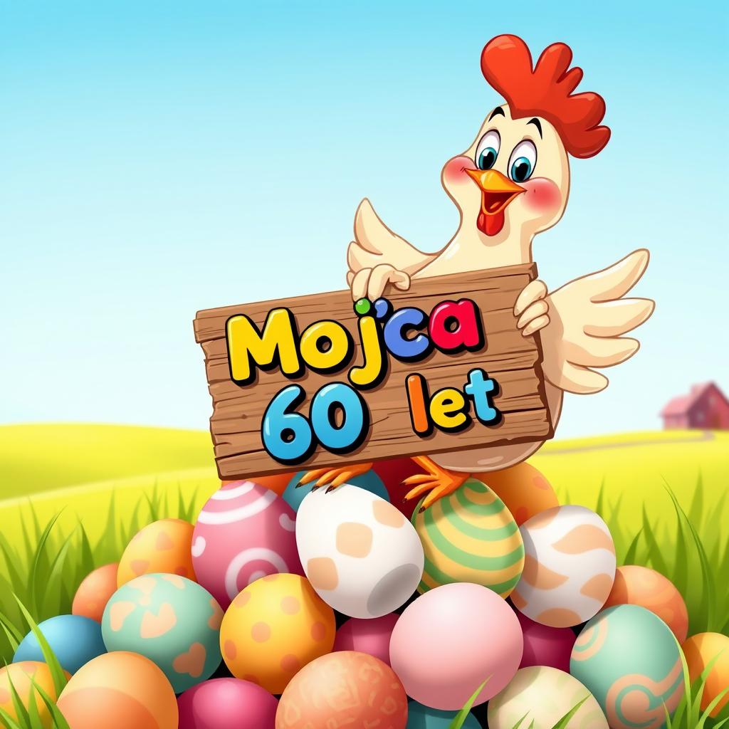 A whimsical scene featuring a funny, cartoonish chicken sitting on a vibrant pile of eggs