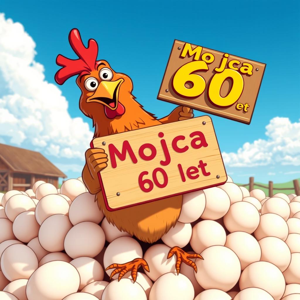 A humorous scene featuring a cartoonish hen sitting proudly on a large pile of white eggs