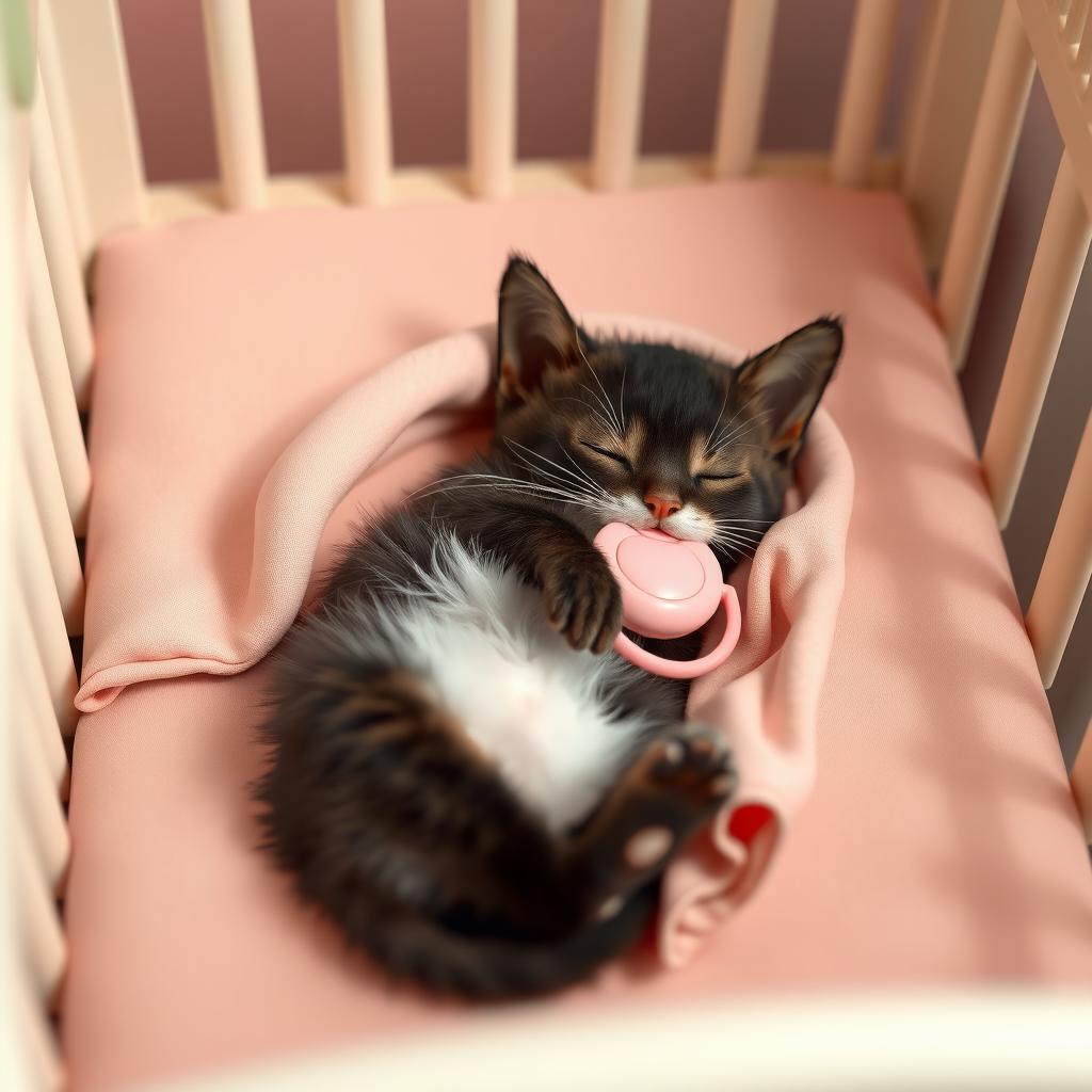 A hyper-realistic 3D rendering of a newborn Tuxedo cat sleeping peacefully like a human baby in a crib, lying on its back