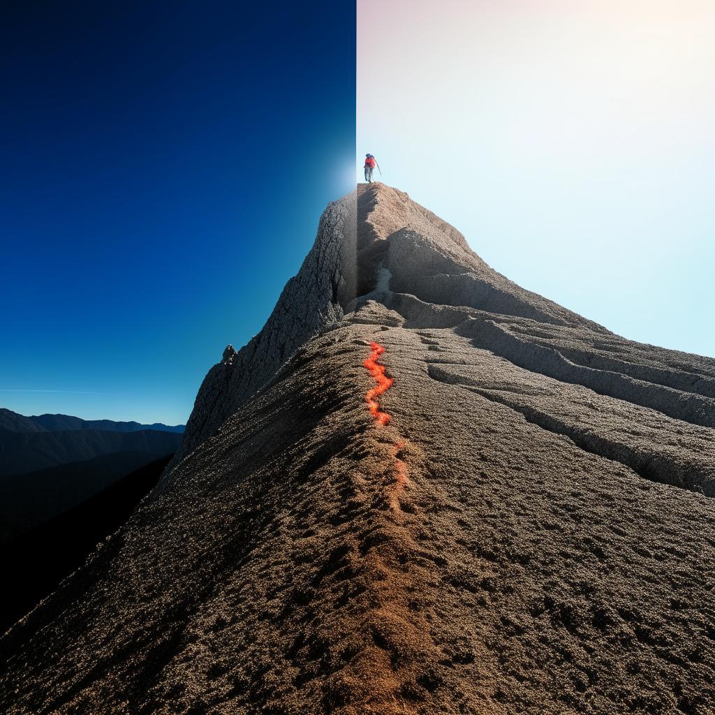 A person steadily climbing a steep mountain, each small step bringing them closer to the peak representing their goal