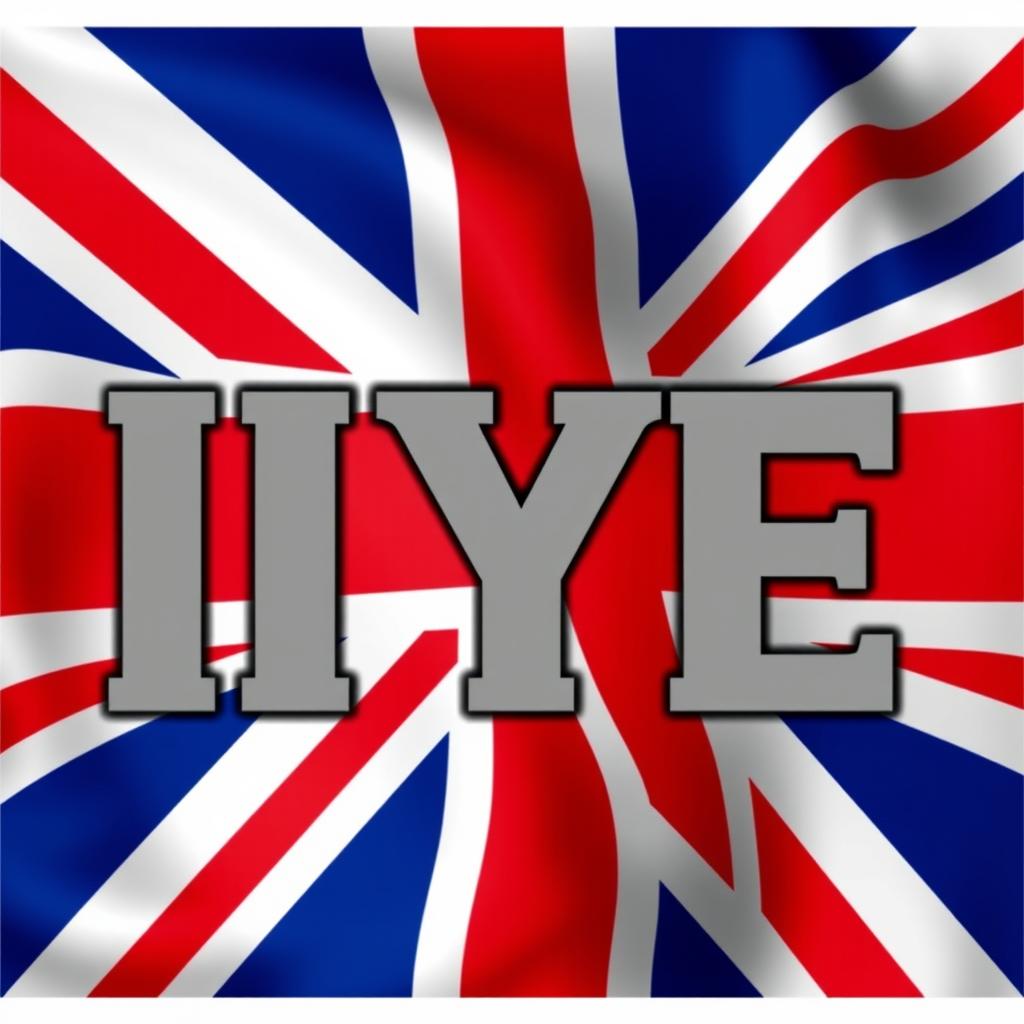 Three large letters 'IYE' in bold Archivo Black font, prominently displayed against the background of the Union Jack flag of the United Kingdom