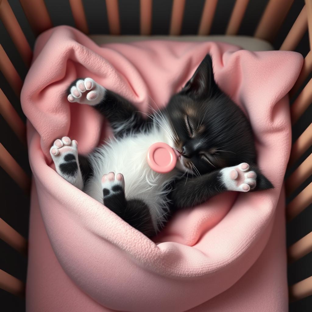 A hyper-realistic 3D render of a newborn Tuxedo kitten sleeping peacefully on its back in a crib