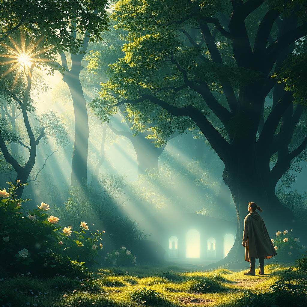 A mystical scene featuring invisible doors blending into an enchanting forest