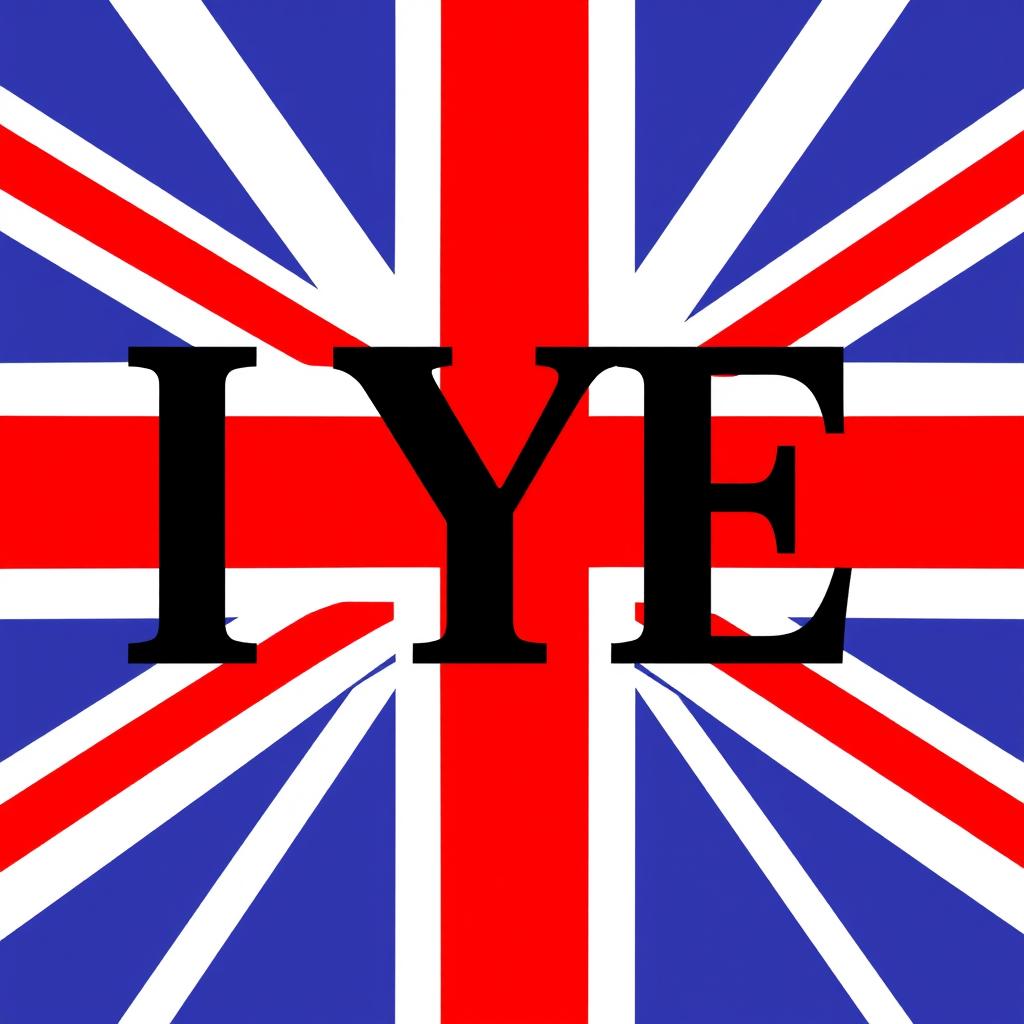 Three large letters 'IYE' in Archivo Black font positioned prominently in the center of the image, with the background displaying the Union Jack flag of the United Kingdom