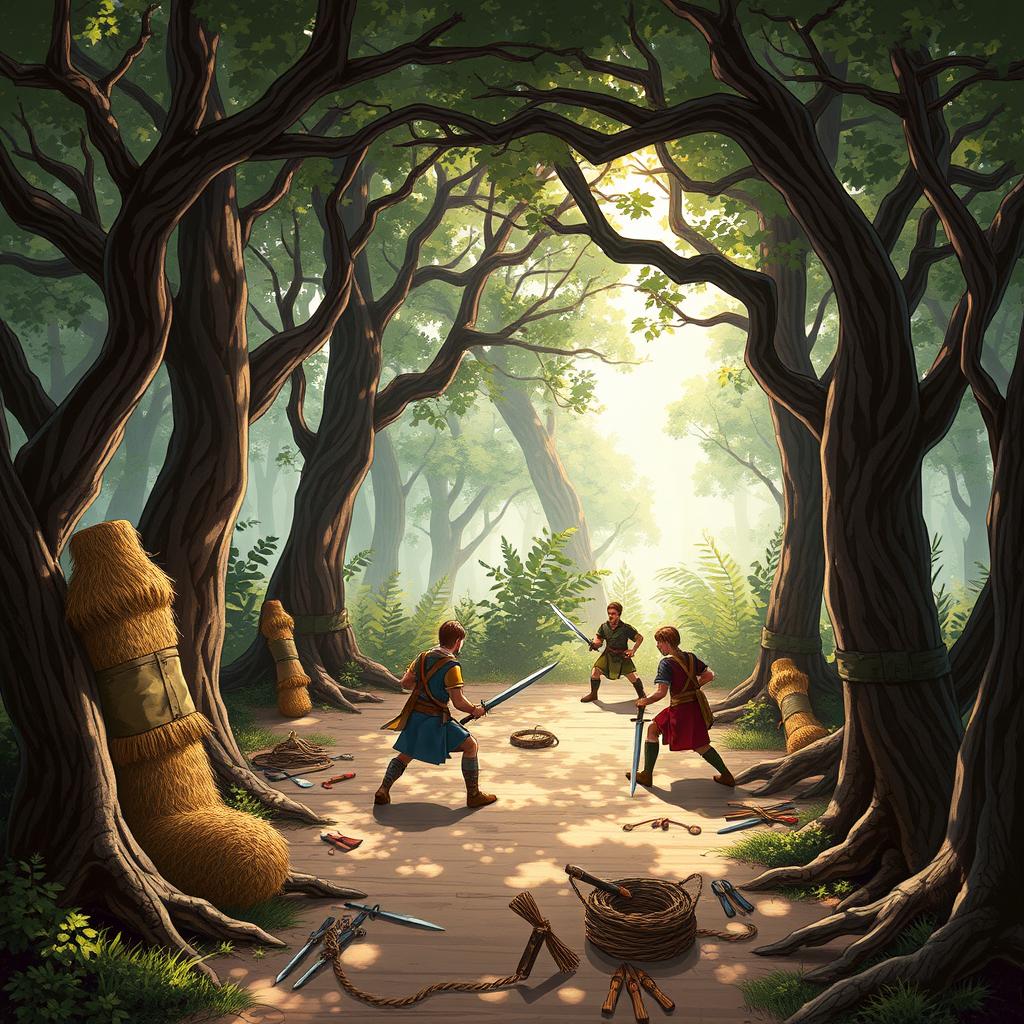 An illustrative image in the Dungeons & Dragons style depicting a training room designed like a forest used for combat and survival classes