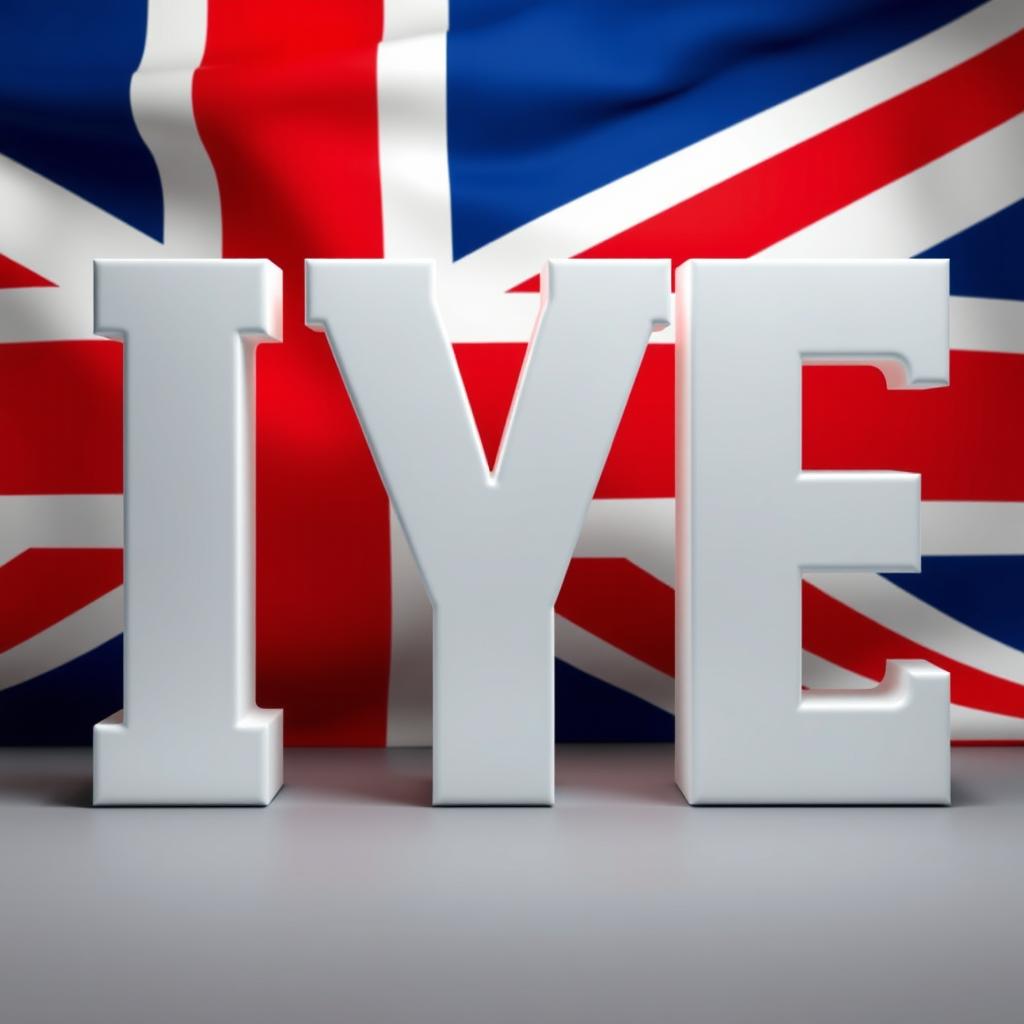 Three large white 3D letters 'IYE' in Archivo Black font placed prominently in front of the British flag, creating a striking visual contrast