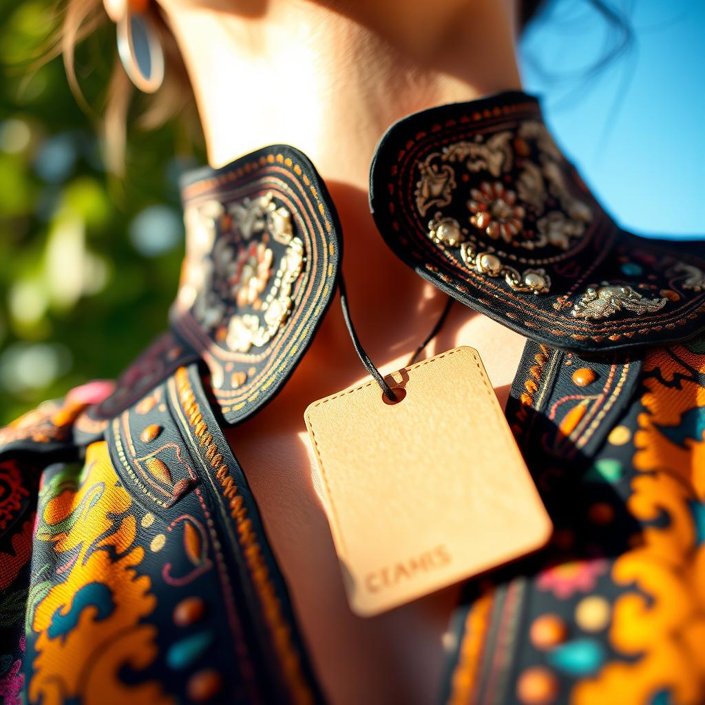 A close-up shot of a stylish collar on a fashionable outfit, featuring intricate designs and vibrant colors