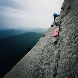 A person steadily climbing a steep mountain, each small step bringing them closer to the peak representing their goal