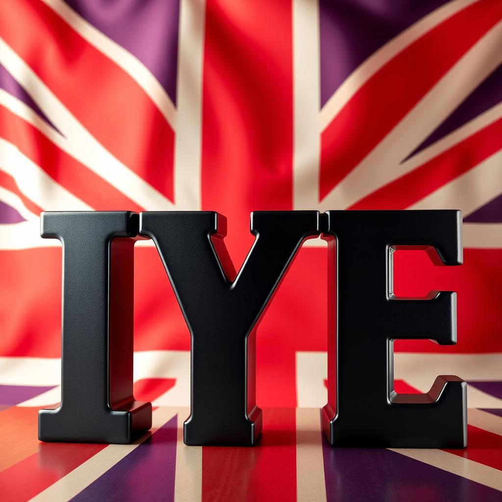 Three large 3D letters 'IYE' in Archivo Black font, prominently displayed in the foreground, set against a vibrant background of the Union Jack, the flag of the United Kingdom