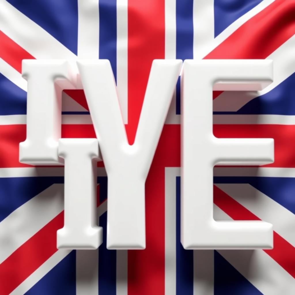 Three large white 3D letters spelling 'IYE' in Archivo Black font, set against the background of the British flag